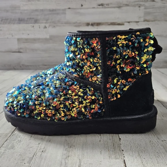 UGG Classic Mini Stellar Sequin 1112515 Black Multi Color Womens Sz 7 Boots - Picture 5 of 8